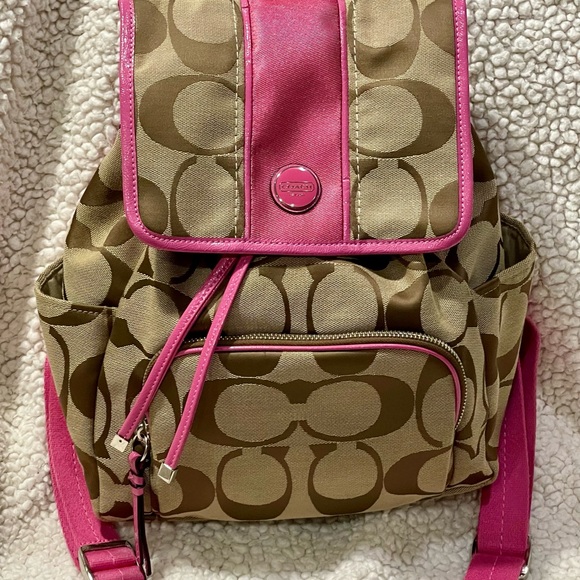 Y2K Coach Signature Canvas Backpack Brown Pink Trim C1361-F21928 Logo Flap - Picture 1 of 6